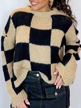 Checkerboard Crewneck Sweater in Black & Tan